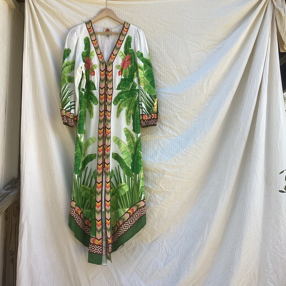 FARM Rio White Maxi Dress with Green Tropical Leaf Print